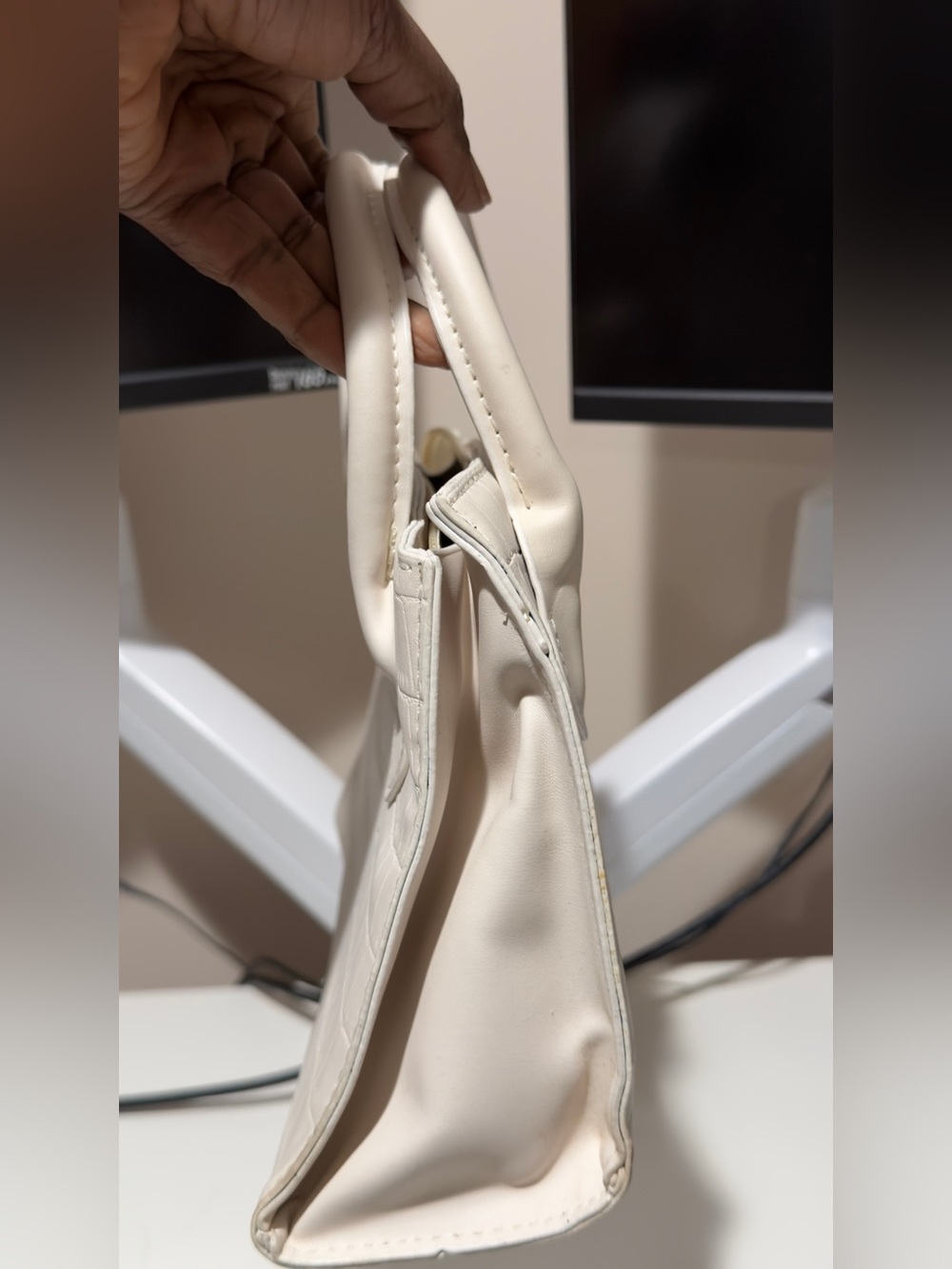 Structured Cream Croc-Embossed Top-Handle Bag - Picture 5 of 6